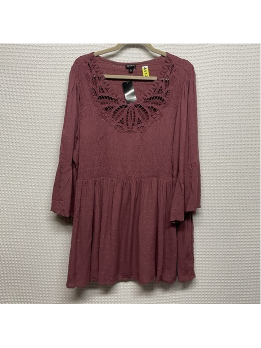 NWT Torrid Mauve Embroidered Crinkle Bell Sleeve Lace Swiss Dots Tunic Women 3X